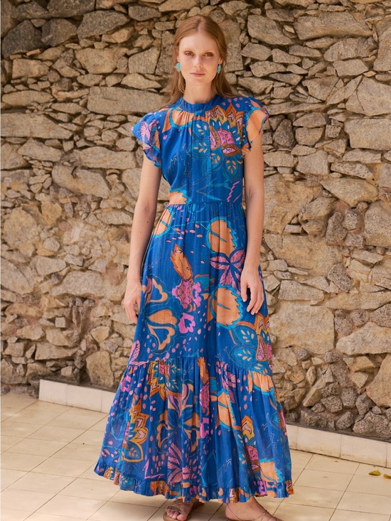 Oliphant Dresses & Skirts - Oliphant MOCK NECK FLUTTER MAXI- ANTICO BLUE New SzXL
